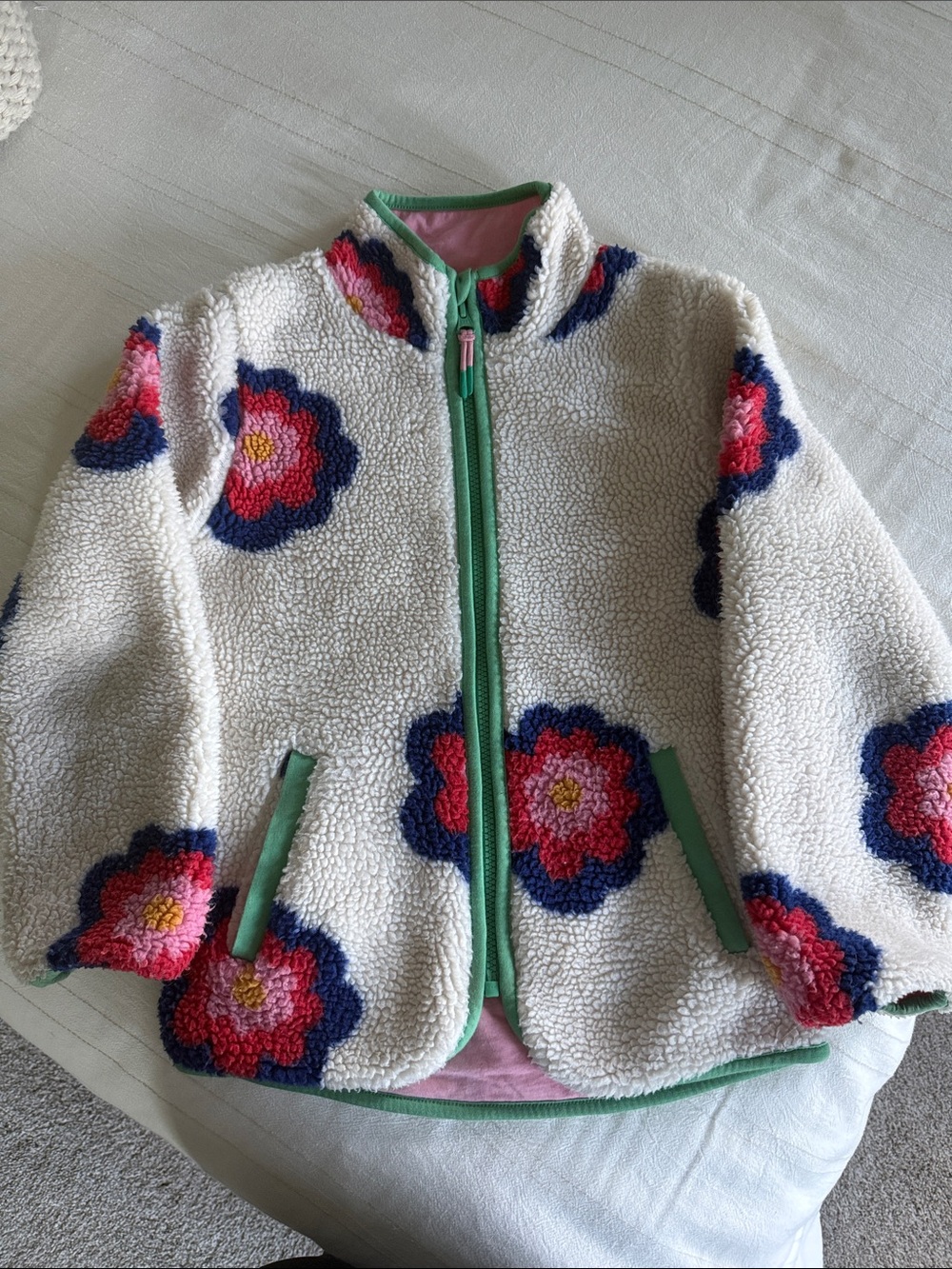Mini Boden Floral Fleece Zip Up Jacket with Pockets Girls size 7-8Y
